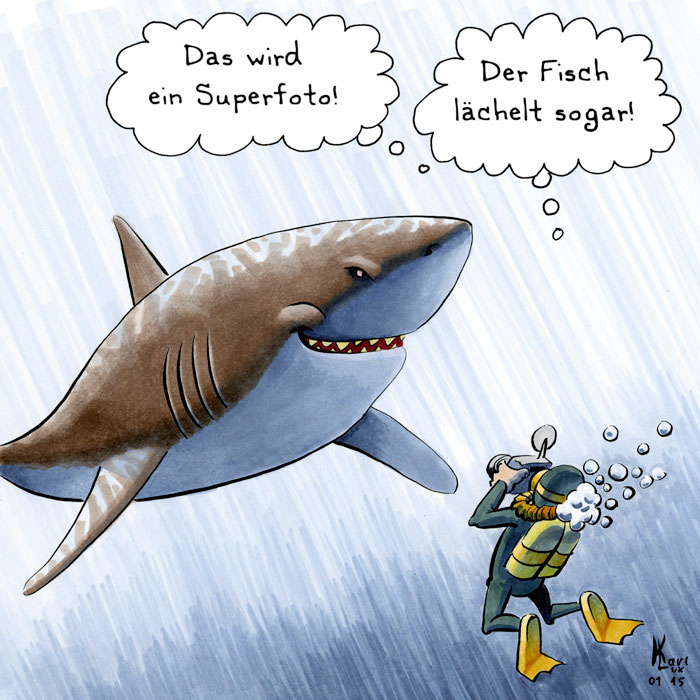 Cartoon 008, Taucher, Fisch, Foto, Hai