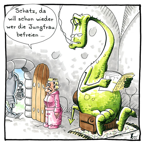 Cartoon 010, Drache, Ritter, Jungfrau