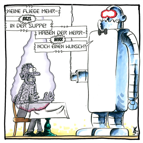 Cartoon 031, Gasthaus, Beschwerde, Roboter, Fliege in der Suppe