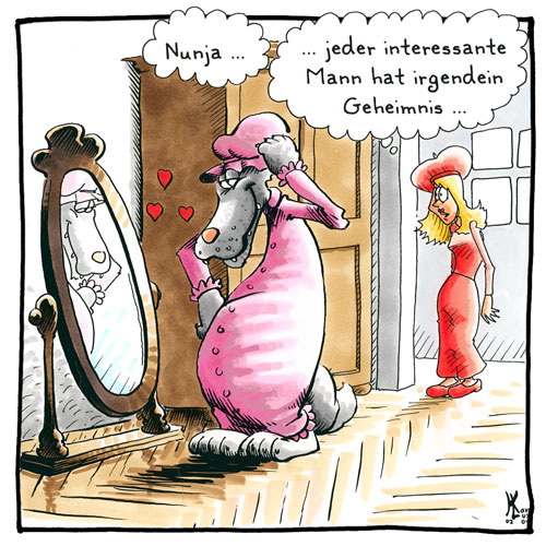 Cartoon 052, Wolf, Rotäppchen, Spiegel, Geheimnis