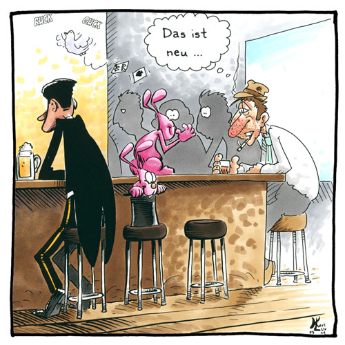 Cartoon 063, Zauberer, Theke, rosa Häschen
