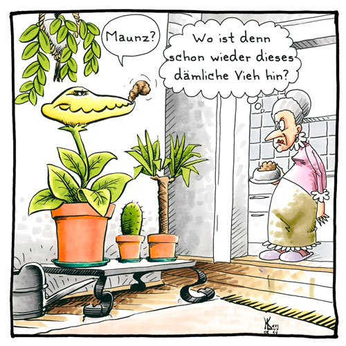 Cartoon 064, alte Dame, Katze, fleischfressende Pflanze