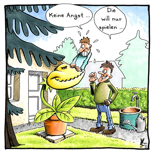 Cartoon 087, Garten, Gärtner, fleischfressende Pflanze