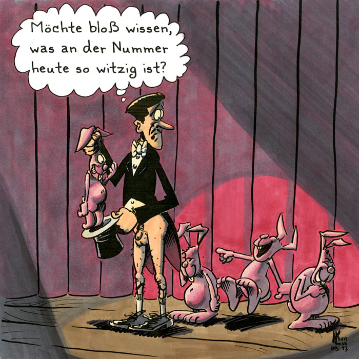 Cartoon 093, Zauberer, Bühne, rosa Häschen