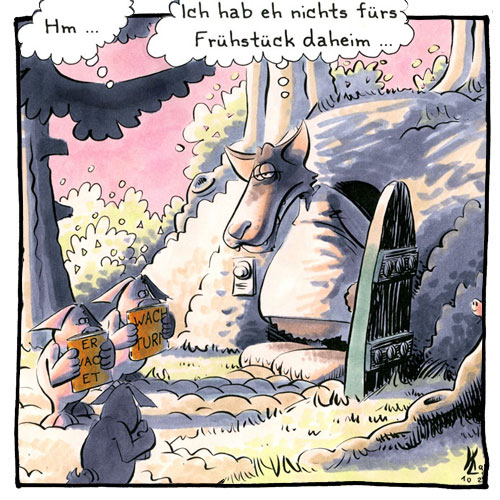 Cartoon 099, drei kleine Schweinchen, Wolf, Morgenstund, Wachturm